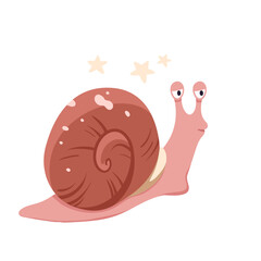 Adorable cartoon snail with spiral shell and stars on white isolated background vector illustration