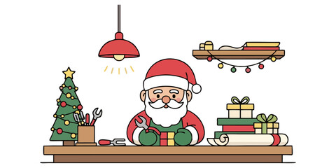 Joyful Santa Claus meticulously crafting holiday gifts with tools and festive decorations, spreading Christmas cheer and workshop magic for a perfect season of giving