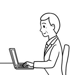 笑顔のシニア男性　パソコン作業中（線画のみ・横向き）