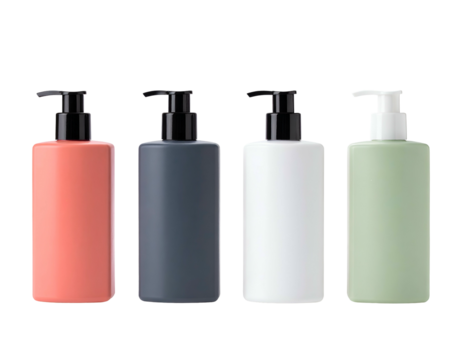 Four colorful, identical cosmetic bottles with black dispensers, against a stark black backdrop