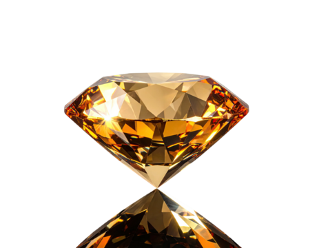 Radiant, golden gemstone with many facets and a reflective surface, set against a black background
