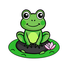 Obraz premium Flat vector of a cute green frog sitting on a lily pad, outlined in black, cartoon amphibian