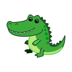 Naklejka premium Flat vector of a smiling cartoon alligator with green scales, black outline, cute swamp reptile