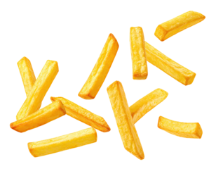 Golden-fried potato strips, isolated, arranged seemingly randomly against a dark background