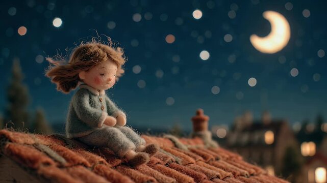 Doll sitting on a rooftop under a starry night sky with a crescent moon