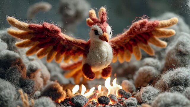 Handmade phoenix craft with open wings amidst flames and textured background