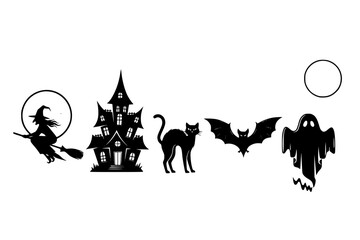 Classic Halloween Black Silhouette Vector Set: Witch, Cat, Bat, Haunted House, Simple Spooky Shapes for Graphic and Costume Design.	