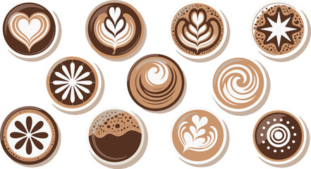 Artistic Coffee Cup Art Variety of Latte Designs with Hearts, Flowers, Swirls Bubbles