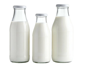 Three glass bottles of white liquid with silver lids are arranged on a black background