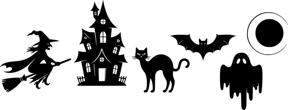 Classic Halloween Black Silhouette Vector Set: Witch, Cat, Bat, Haunted House, Simple Spooky Shapes for Graphic and Costume Design.	