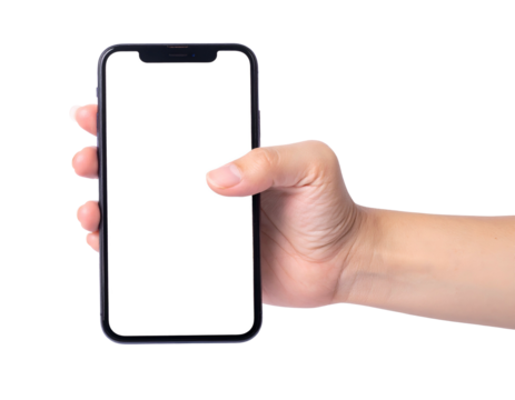 Human hand holding a blank mobile device against a black background