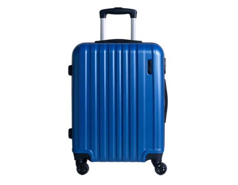Modern, vibrant blue rolling suitcase with vertical ridges, black wheels, and an extendable handle