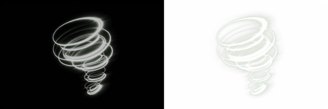 Abstract light swirl illustration with dynamic circular shapes on contrasting backgrounds, showcasing motion and energy in a visually striking design concept