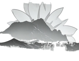 Fototapeta premium Gray-scale artistic composition depicting a mountain landscape intertwined with a lotus flower