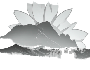 Gray-scale artistic composition depicting a mountain landscape intertwined with a lotus flower