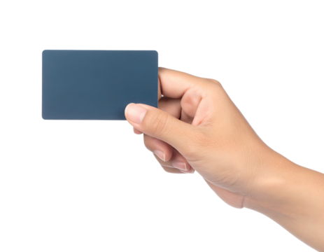 A human hand delicately holds a rectangular, dark blue object against a black background