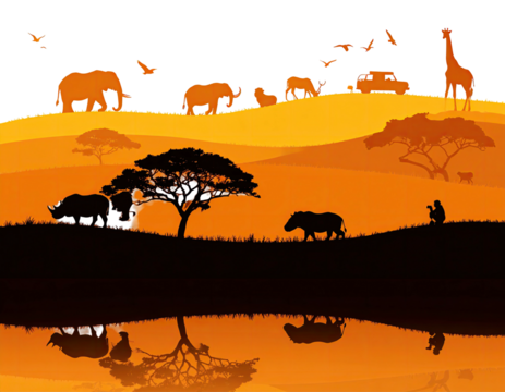 Sunset landscape featuring silhouetted African animals, trees, and a reflective lake