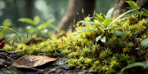 Obraz premium Vibrant Close-up of Wet Moss and Tiny Plants in a Deep Forest Floor Environment