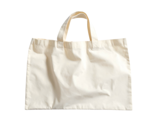 Plain, rectangular canvas tote bag, isolated on black background, with two handle straps