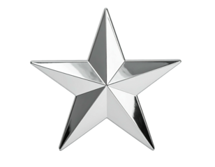 A shiny, five-pointed star rendered in glossy metallic silver, set against a dark backdrop