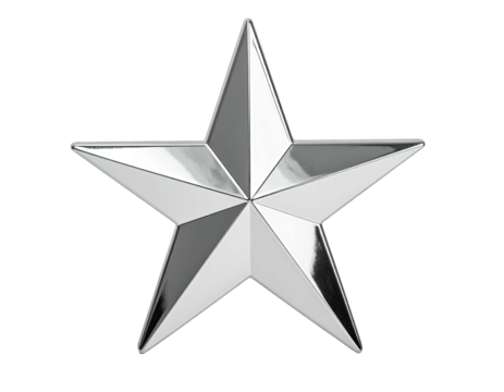 A shiny, five-pointed star rendered in glossy metallic silver, set against a dark backdrop