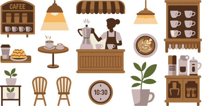 Cafe Illustration Barista, Coffee Cups, Pastries, Plants, Clock at 1030, Furniture, and Lighting Details