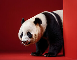 Fototapeta premium 3d panda bear, Panda cautiously peeks around a corner against a red background created with Generative AI technology. Copy space