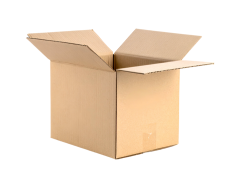 A brown cardboard box, open, ready to be filled, on a transparent black background