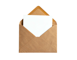 An opened, rustic-looking envelope holds a blank white paper against a black background