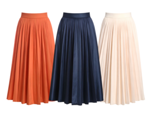 Three long pleated skirts in orange, navy blue, and cream colors on a transparent backdrop