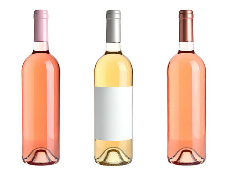 Three elegant glass wine bottles displayed in a line against a solid dark background