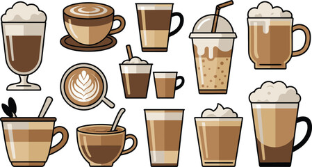 Cartoon Style Illustration of Various Coffee Drinks Cappuccino, Latte, Iced Coffee and More