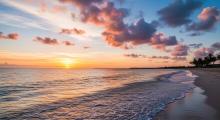 Fototapeta premium Beautiful sunset over the ocean with colorful clouds and gentle waves the beach