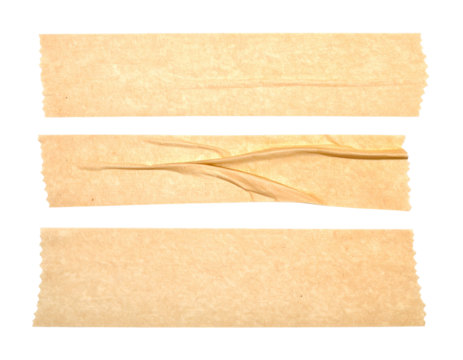 Three strips of tan adhesive tape, torn with irregular edges, arranged on a dark background