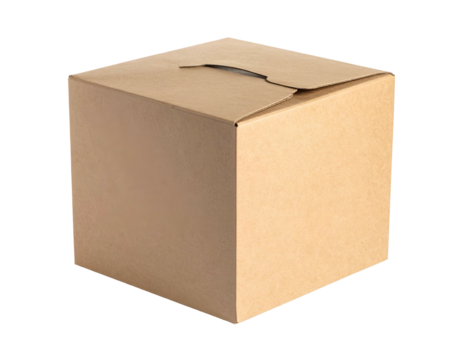 A brown cardboard box with a handle cutout sits against a black background