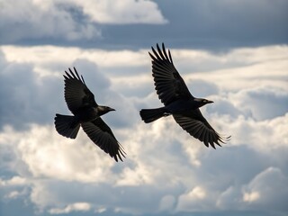 Fototapeta premium Pair of Brewer’s Blackbirds Flying in Realistic Cloud Sky