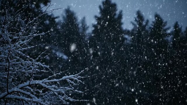 Continuous snowfall in a pine forest, with snow-covered branches against dark trees and a winter night sky ambiance footage.