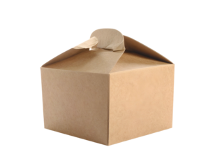 A single, small, folded paperboard box with a handle on top, isolated against black