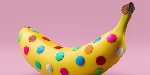 Colorful polka dot banana on pink background