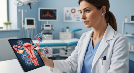 Medical worker studying digital illustration of female reproductive system and HPV virus on tablet screen in clinic, pregnancy planning, reproductive medicine clinic