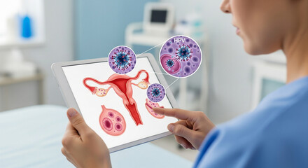 Medical worker studying digital illustration of female reproductive system and HPV virus on tablet screen in clinic, pregnancy planning, reproductive medicine clinic