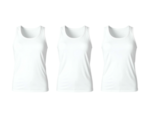 Three blank, white sleeveless shirts presented in a row on a solid black background