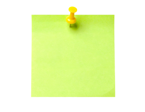 Square light-green sticky note held by a yellow pushpin against a solid black background