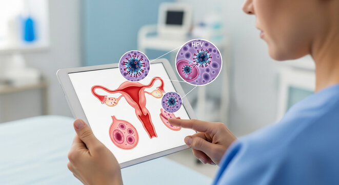Medical worker studying digital illustration of female reproductive system and HPV virus on tablet screen in clinic, pregnancy planning, reproductive medicine clinic - Powered by Adobe
