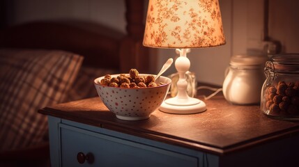 Night cereal snack with bowl of cocoa puffs, dim lamp light and cozy nightstand setting
