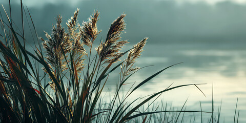 Tall Reeds and Grass Silhouetted by Morning Sun against Misty Water Background