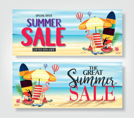 Vibrant summer sale banners featuring beach scene with surfboards umbrellas and beach chairs