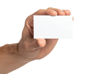 A human hand holding a blank, rectangular card, isolated on a black background