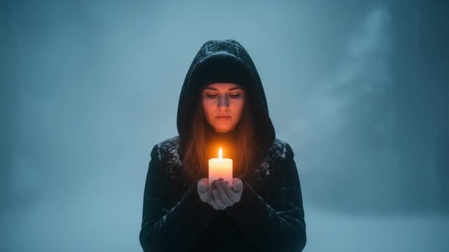Mysterious figure holding candle in snowy twilight enigma. 4k Video footage
