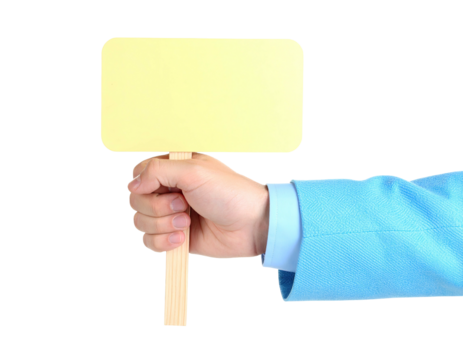 Person in formal wear holding a blank, rectangular sign on a wooden stick